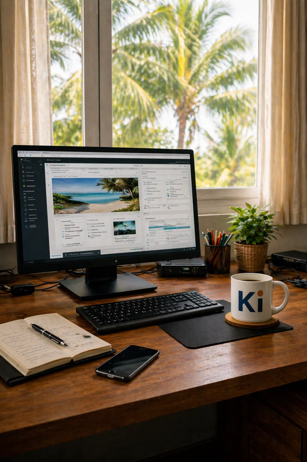 Atelier Kimoun au Moule, Guadeloupe : poste de travail avec écran, carnet et tasse Kimoun, vue sur les cocotiers
